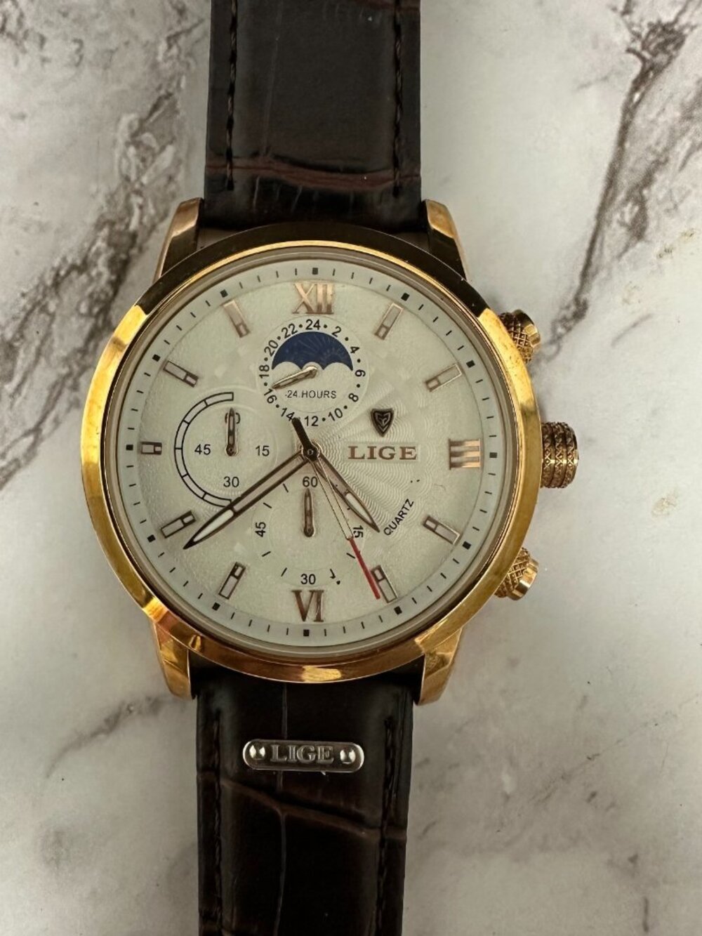 Lige Chronograph Watch Rose Gold Tone 43MM Brown Leather Band New Battery